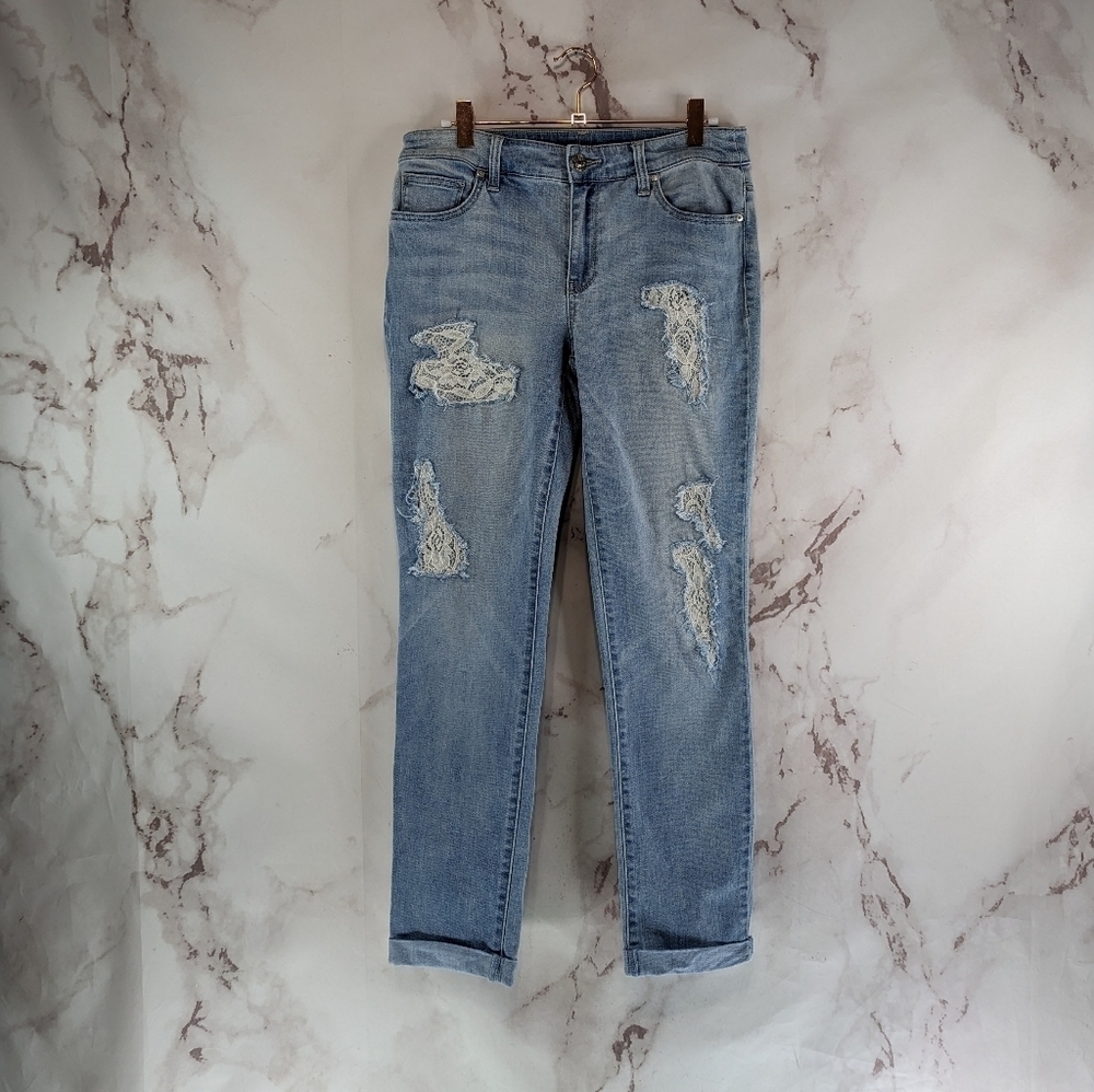 Chicos Jean Women 00 2 Denim Platinum Ankle Light Wash Cuffed Lace Distressed